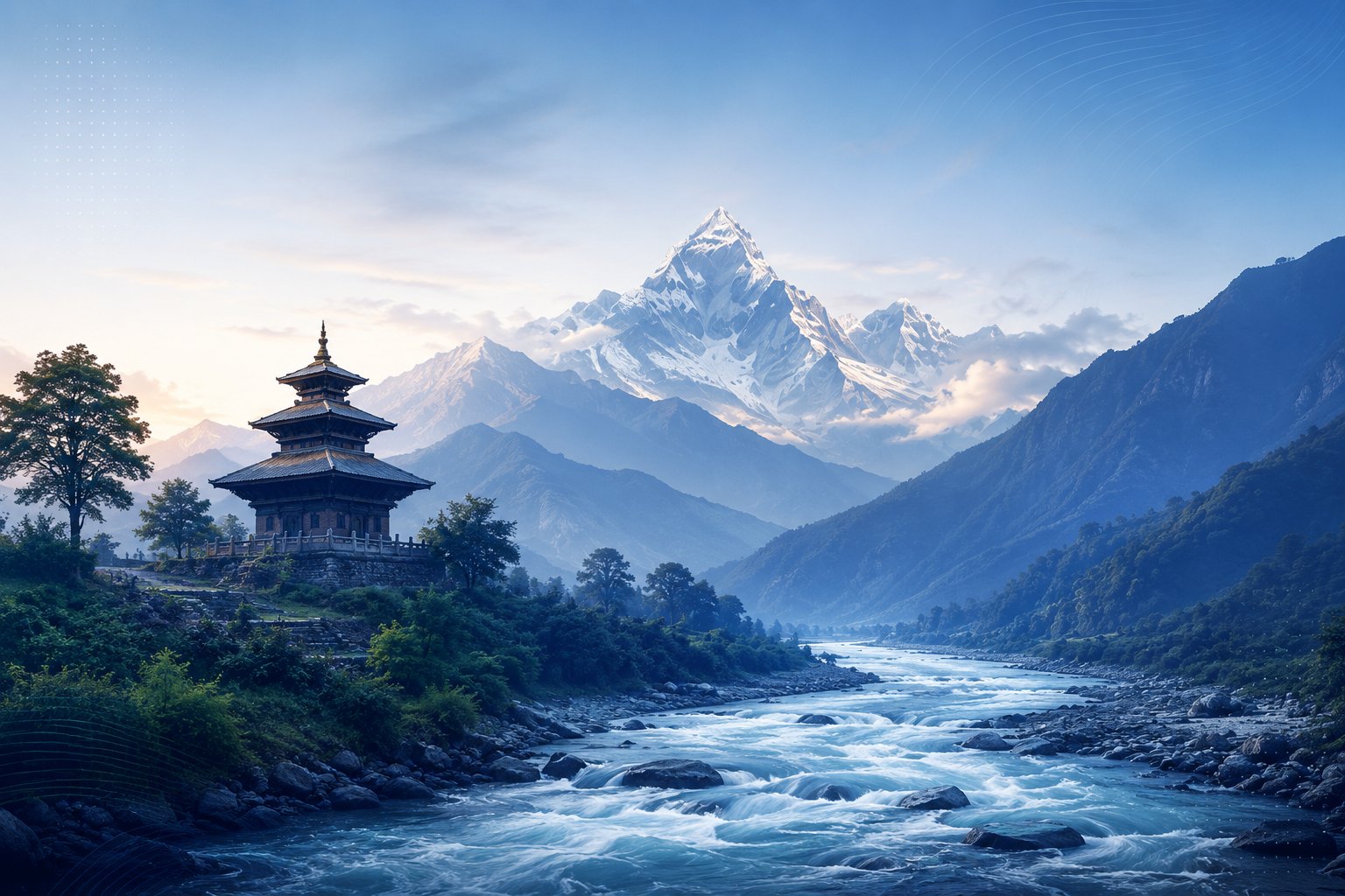 A Himalayan river running past a temple below snow peaks in Nepal